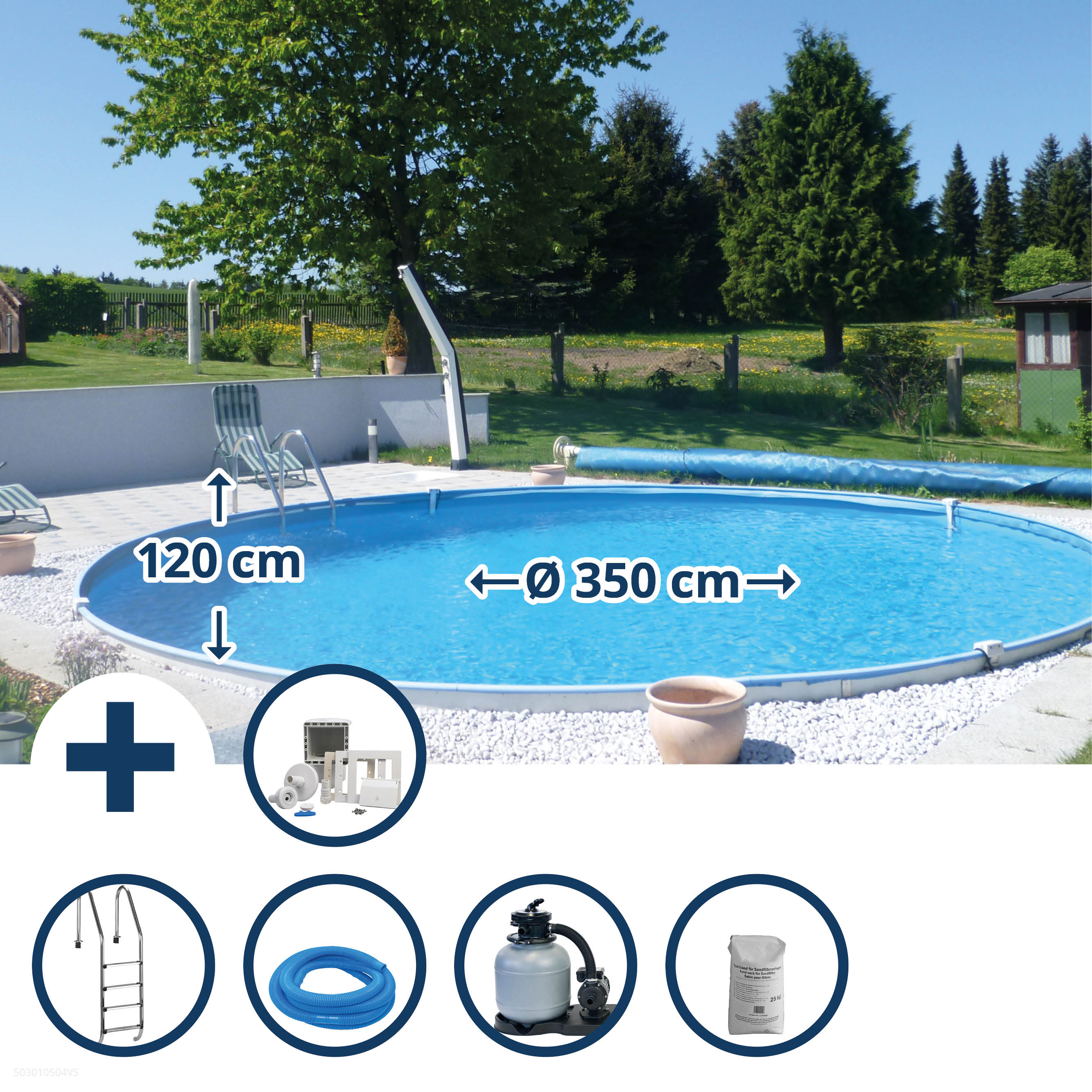 Stahlwandpool Set (8-teilig) tief rund Baja 350 x 120 cm, Stahl 0,6 mm weiß Folie 0,6 mm blau